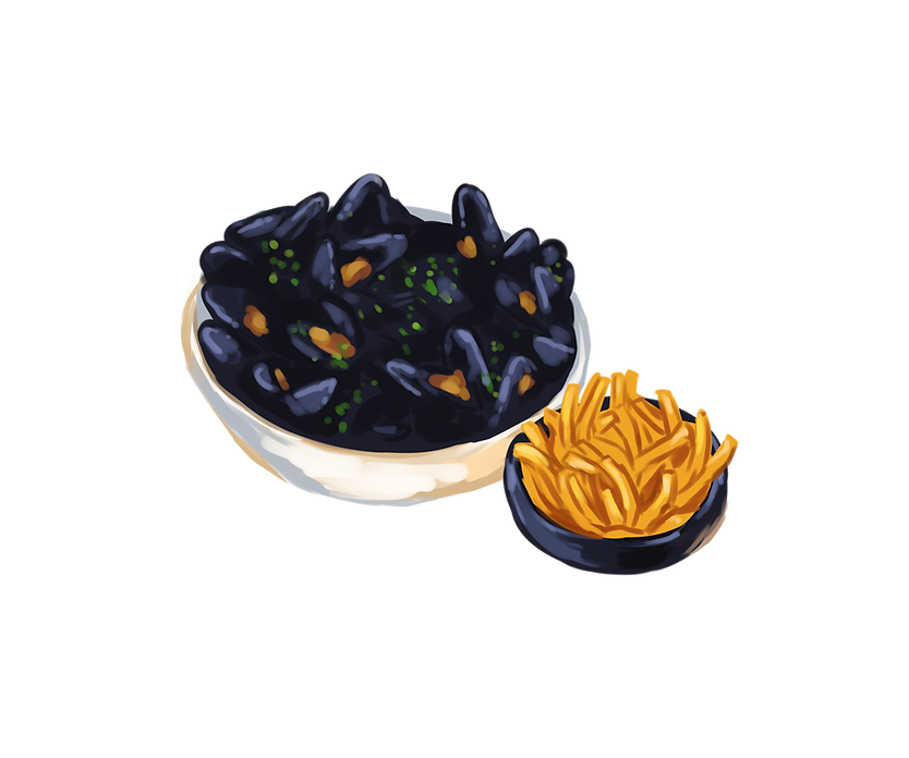 Digital illustration of moules-frites created for the special Moules-Frites Evening at French Living